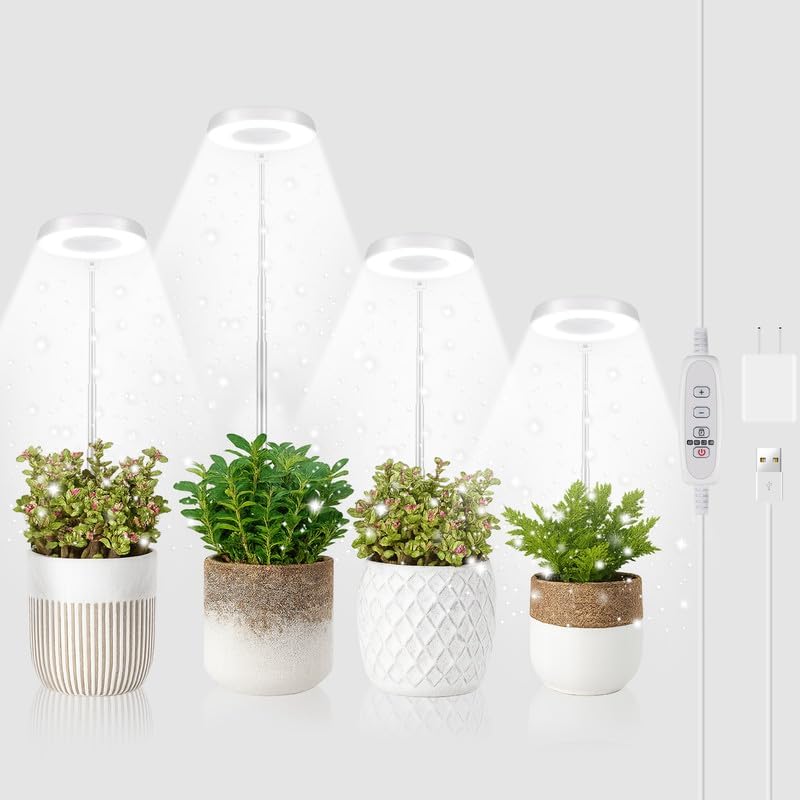 GYTF Halo Plant Grow Light, 6000K White LED Full Spectrum Growing Lamp for Indoor Plants, Succulents, Mini Bonsai, Small Plants, Height Adjustable, Dimmable & Timer 4/8/12/18Hrs,4 Pack - Image 1
